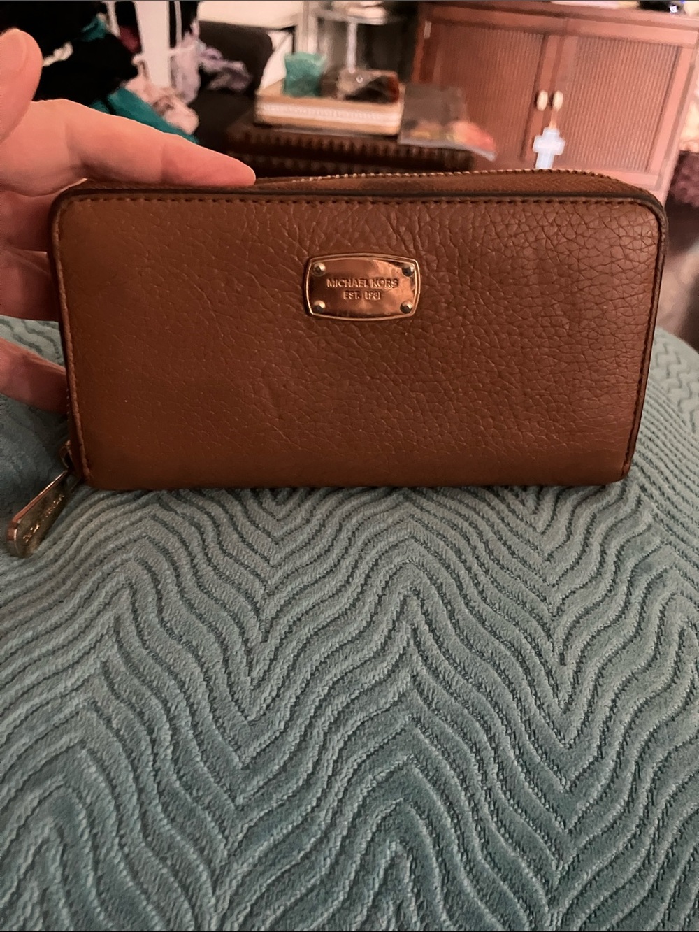Michael Kors Brown Pebbled Leather Zip-Around Wallet with Gold Plate